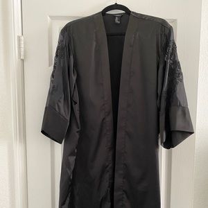 Black Satin Embroidered Mesh Kimono